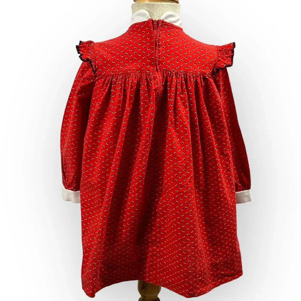 Vintage Youngland Prairie Dress Girls 5 Red Calico Smocked Christmas Dress